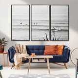 33821421-MGV-FC-48X32-3P_Black-Surfer Silhouette Wall Art Canvas Print, Framed Calm Ocean Art Picture Print, Monochrome Surf Perfect Minimalist Coastal Decor