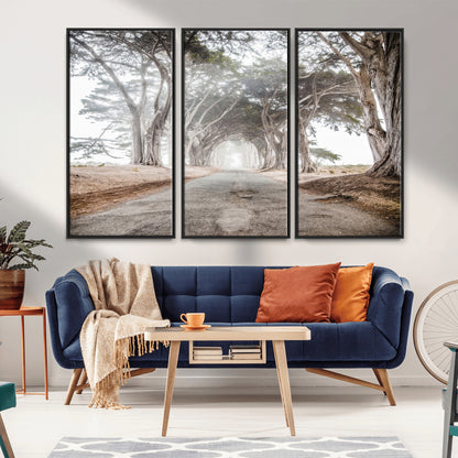 87090469-MGV-FC-48X32-3P_Black-Cypress Tunnel Wall Art Canvas Print, Framed Misty Road Art Picture Print, Foggy Trees Perfect Rustic Woodland Decor Artwork