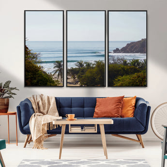 88336640-MGV-FC-48X32-3P_Black-Tropical Beach Scene Wall Art Canvas Print, Framed Coastal Photography Art Picture Print, Ocean Horizon Art Perfect Coastal Boho
