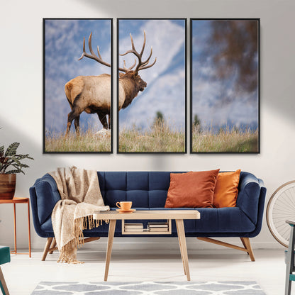 26365841-MGV-FC-48X32-3P_Black-Mountain Elk Art Wall Art Canvas Print, Framed Rustic Wildlife Print Art Picture Print, Lodge Style Decor Perfect Rustic Lodge