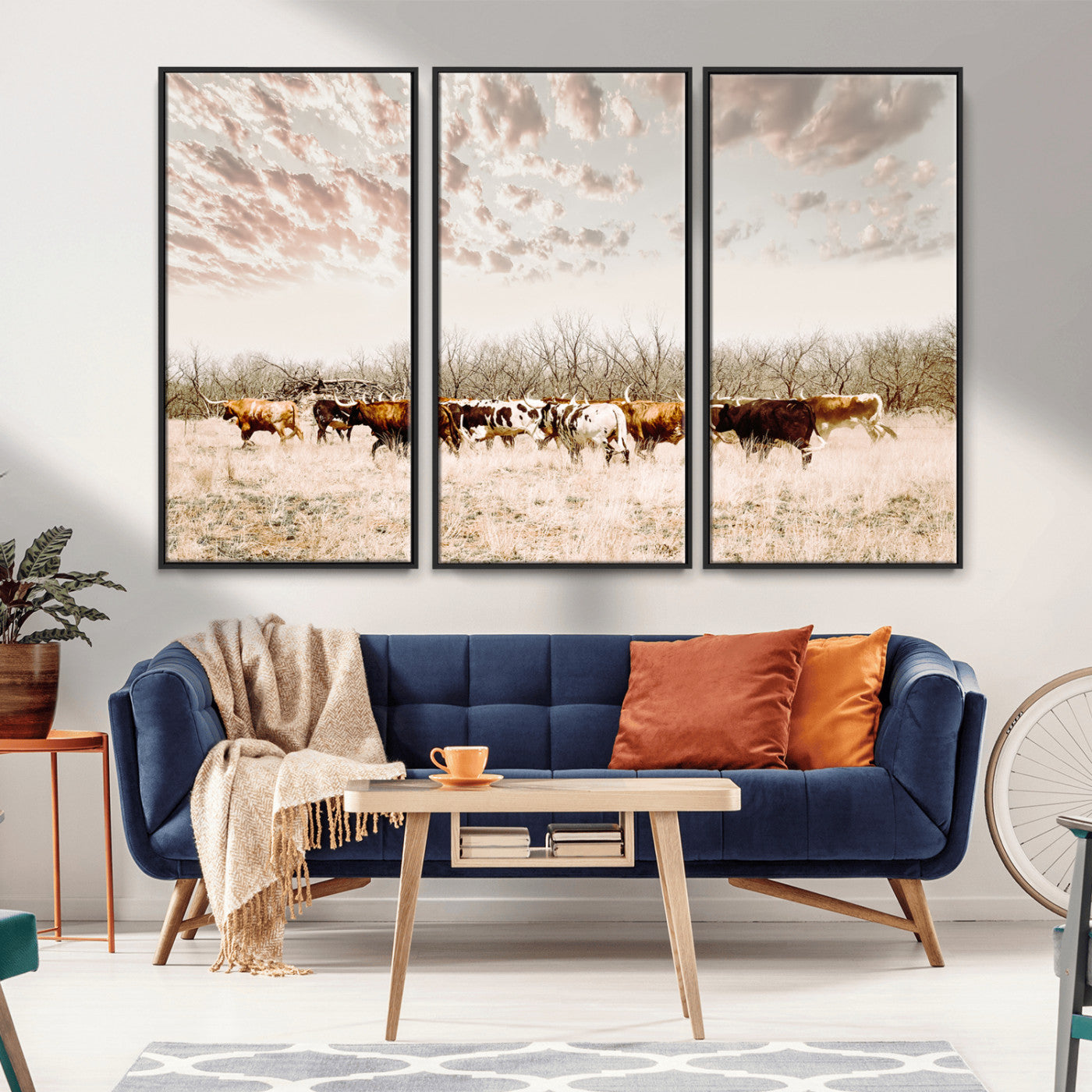 64892775-MGV-CV-36X24-Longhorn Cattle Wall Art Canvas Print, Framed Texas Ranch Art Picture Print, Western Cow Perfect Western Decor Artwork