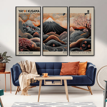 55739266-MGV-CV-36X24-Japanese Wall Art Print – Abstract Yayoi Kusama Inspired Dotted Landscape Poster, Surreal Oriental Mountain and Cherry Blossom