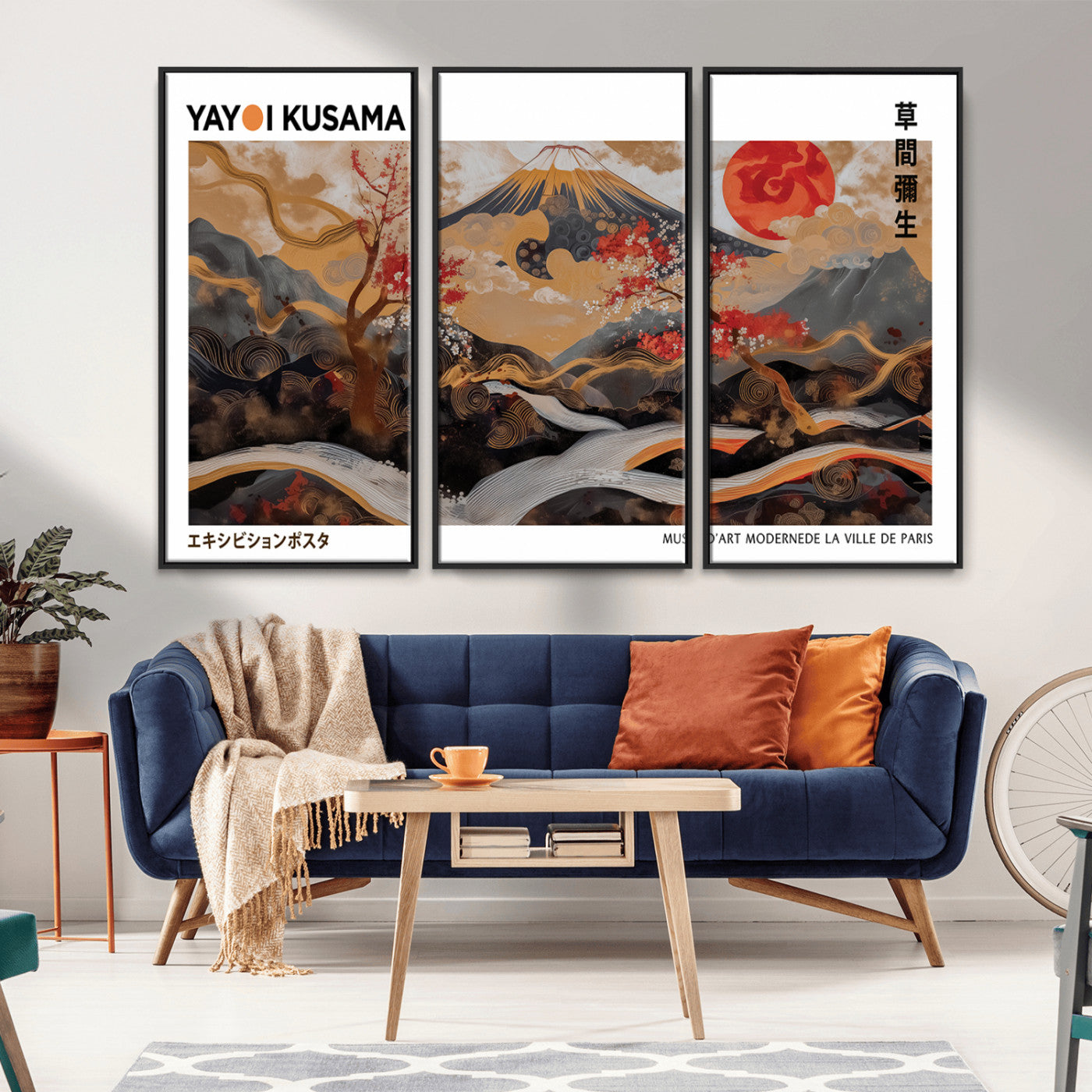 40959107-MGV-CV-36X24-Japanese Fuji Wall Art Print – Red Sun & Cherry Blossom Poster, Gold Wave Ukiyo-e Inspired Modern Japan Landscape Painting,