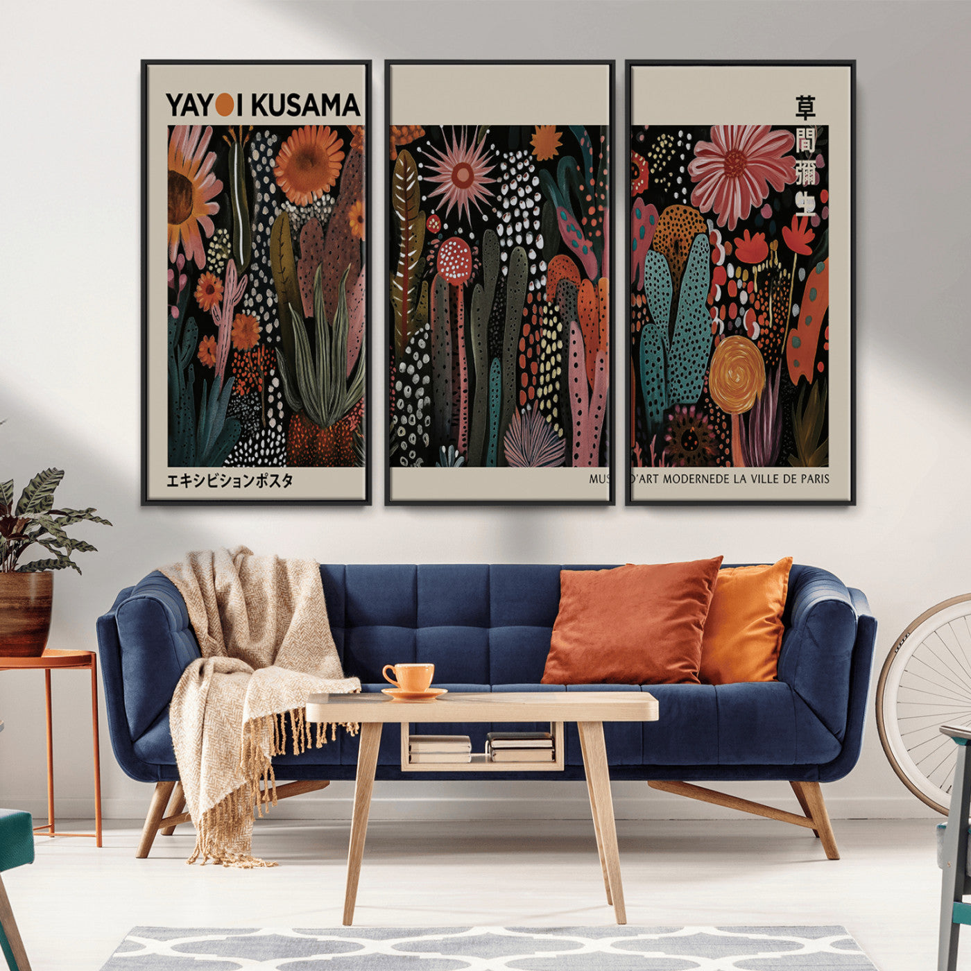 28344895-MGV-CV-36X24-Dark Floral Abstract Wall Art Poster – Modern Botanical Canvas Print with Beige Border, Kusama Inspired Boho Flower Painting,