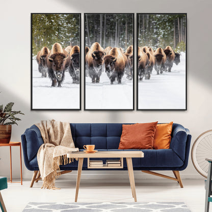 22695857-MGV-CV-36X24-Bison Herd Scene Wall Art Canvas Print, Framed Western Wildlife Art Picture Print, Rustic Animal Art Perfect Rustic Lodge Decor