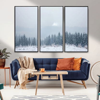 33033082-MGV-FC-48X32-3P_Black-Winter Forest Art Wall Art Canvas Print, Framed Snowy Landscape Art Picture Print, Misty Tree Scene Perfect Nordic Minimalist