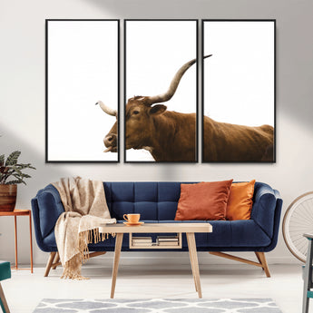 62566114-MGV-CV-36X24-Longhorn Cow Art Wall Art Canvas Print, Framed Rustic Animal Decor Art Picture Print, Texas Bull Photo Perfect Rustic Farmhouse