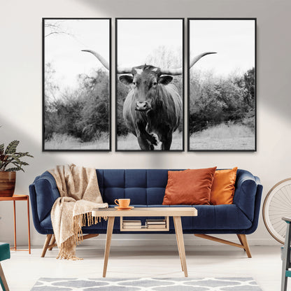 97280319-MGV-CV-36X24-Longhorn Photography Wall Art Canvas Print, Framed Western Cow Decor Art Picture Print, Texas Ranch Style Perfect Rustic Farmhouse