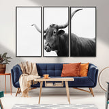 99244177-MGV-CV-36X24-Longhorn Photography Wall Art Canvas Print, Framed Western Cow Decor Art Picture Print, Black White Bull Perfect Modern Rustic
