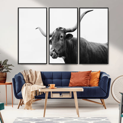 99244177-MGV-CV-36X24-Longhorn Photography Wall Art Canvas Print, Framed Western Cow Decor Art Picture Print, Black White Bull Perfect Modern Rustic