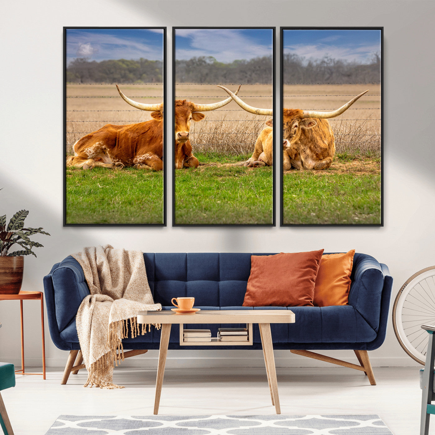 97244565-MGV-FC-48X32-3P_Black-Longhorn Duo Wall Art Canvas Print, Framed Cozy Ranch Vibes Art Picture Print, Western Ranch Decor Perfect Rustic Farmhouse Decor