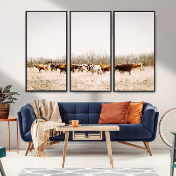 12454132-MGV-CV-36X24-Cow Herd Photography Wall Art Canvas Print, Framed Rustic Farmhouse Decor Art Picture Print, Western Ranch Style Perfect Rustic