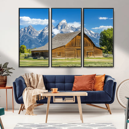 75948467-MGV-FC-48X32-3P_Black-Mountain Barn Scene Wall Art Canvas Print, Framed Rustic Farmhouse Style Art Picture Print, Country Cabin Decor Perfect Rustic