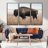 34451925-MGV-FC-48X32-3P_Black-Rustic Bison Decor Wall Art Canvas Print, Framed Buffalo Home Accent Art Picture Print, Prairie Wildlife Scene Perfect Western