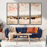 43704663-MGV-FC-48X32-3P_Black-Country Cow Herd Wall Art Canvas Print, Framed Farmhouse Cattle Scene Art Picture Print, Rustic Ranch Decor Perfect Rustic