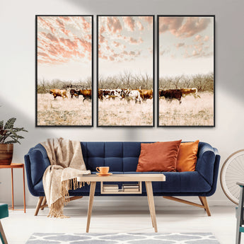 43704663-MGV-FC-48X32-3P_Black-Country Cow Herd Wall Art Canvas Print, Framed Farmhouse Cattle Scene Art Picture Print, Rustic Ranch Decor Perfect Rustic
