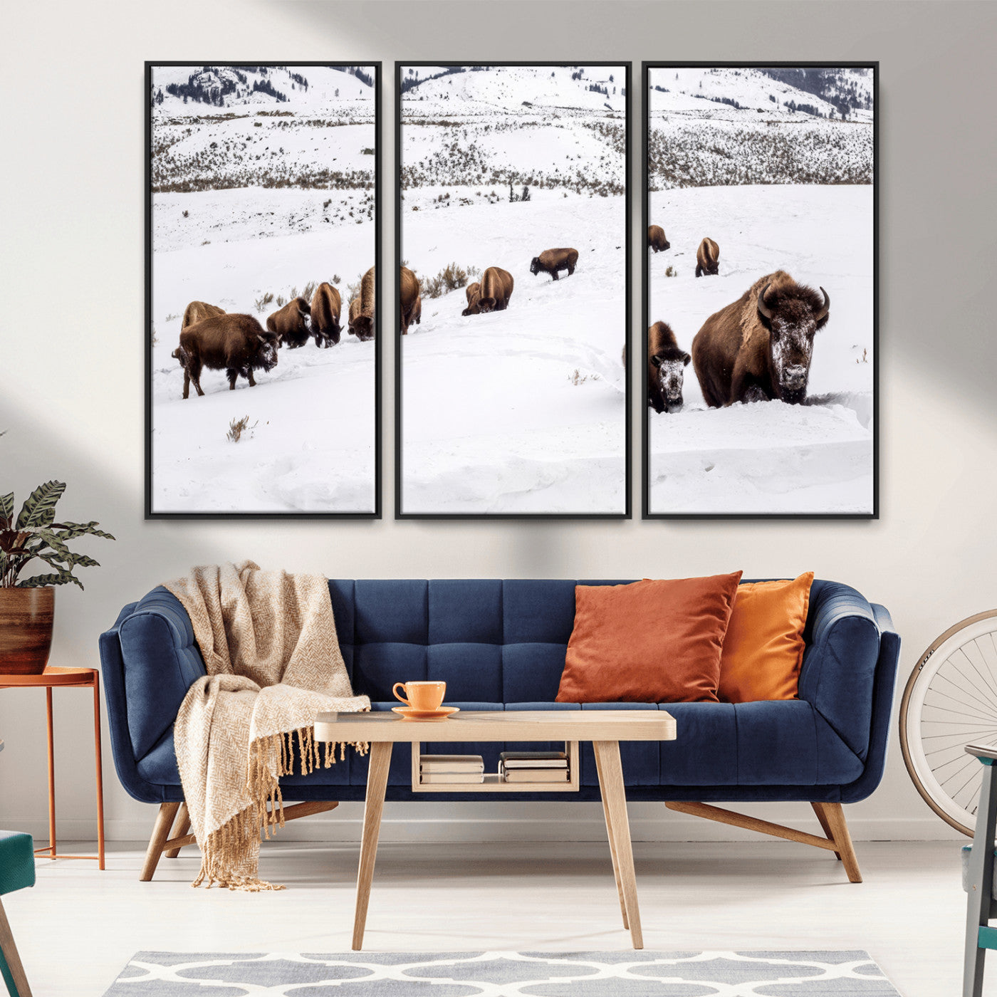 13891210-MGV-FC-48X32-3P_Black-Bison Herd Scene Wall Art Canvas Print, Framed Western Wildlife Decor Art Picture Print, Snowy Mountain Valley Perfect Rustic