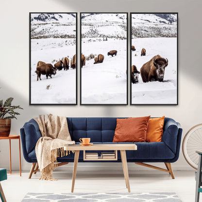 13891210-MGV-CV-36X24-Bison Herd Scene Wall Art Canvas Print, Framed Western Wildlife Decor Art Picture Print, Snowy Mountain Valley Perfect Rustic