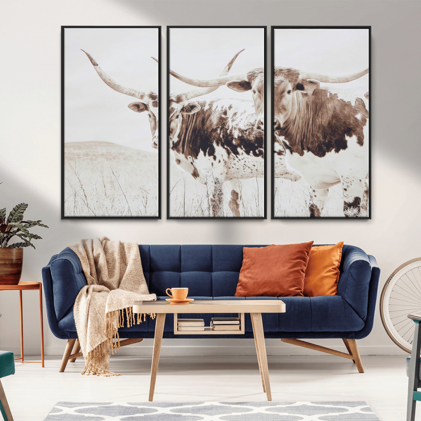 48161868-MGV-CV-36X24-Longhorn Cow Decor Wall Art Canvas Print, Framed Rustic Cattle Art Picture Print, Sepia Western Vibe Perfect Neutral Rustic
