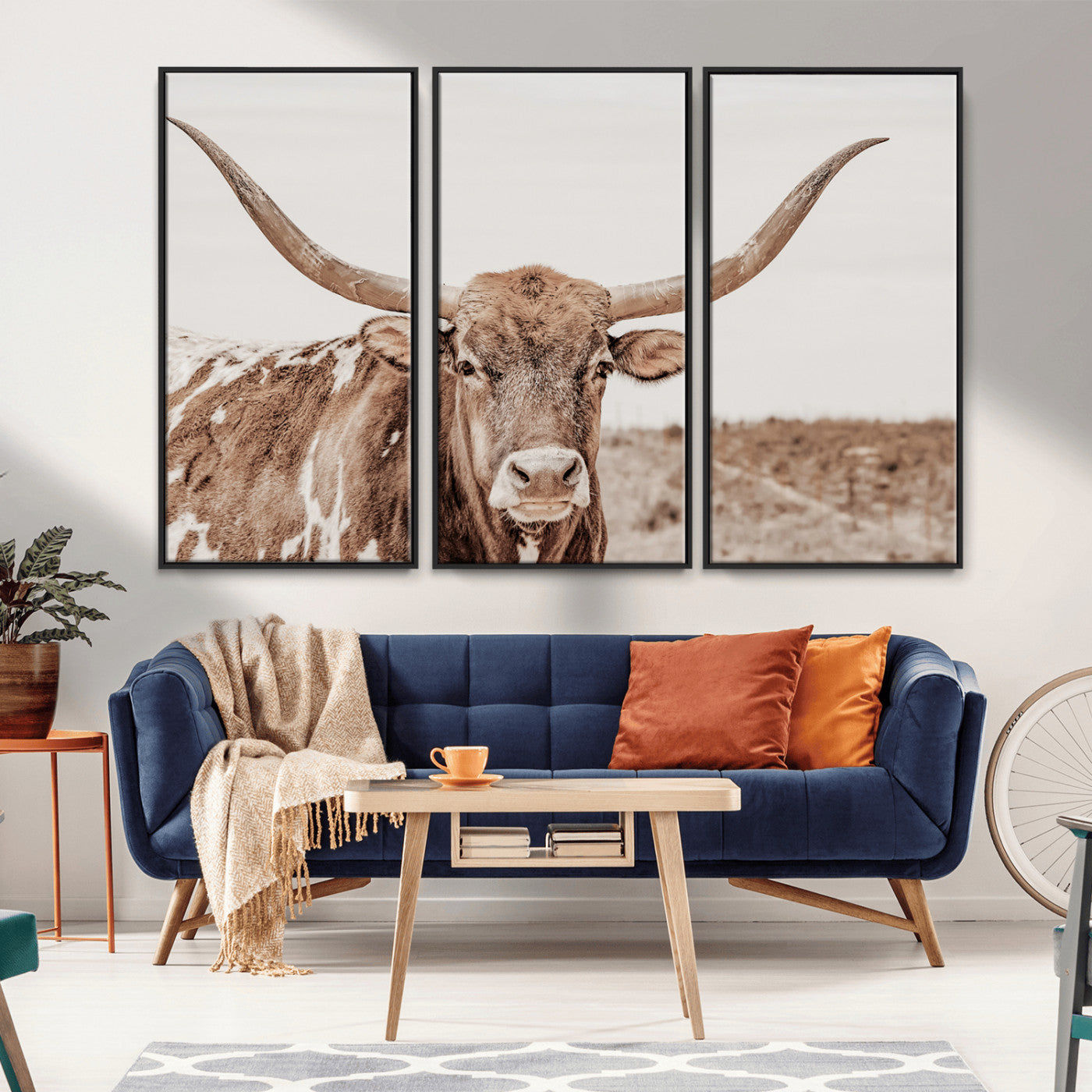 77810049-MGV-FC-48X32-3P_Black-Longhorn Bull Photo Wall Art Canvas Print, Framed Rustic Cow Decor Art Picture Print, Neutral Farmhouse Style Perfect Rustic