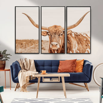 74406977-MGV-CV-36X24-Longhorn Bull Decor Wall Art Canvas Print, Framed Western Cow Theme Art Picture Print, Rustic Farmhouse Wall Perfect Neutral