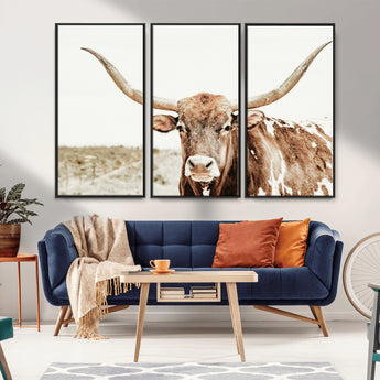 98924580-MGV-FC-48X32-3P_Black-Texas Longhorn Bull Wall Art Canvas Print, Framed Rustic Farmhouse Decor Art Picture Print, Western Animal Theme Perfect Rustic