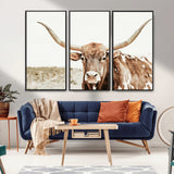98924580-MGV-CV-36X24-Texas Longhorn Bull Wall Art Canvas Print, Framed Rustic Farmhouse Decor Art Picture Print, Western Animal Theme Perfect Rustic