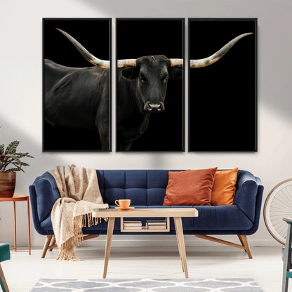23572907-MGV-FC-48X32-3P_Black-Texas Longhorn Wall Art Canvas Print, Framed Rustic Western Decor Art Picture Print, Farmhouse Animal Perfect Modern Western