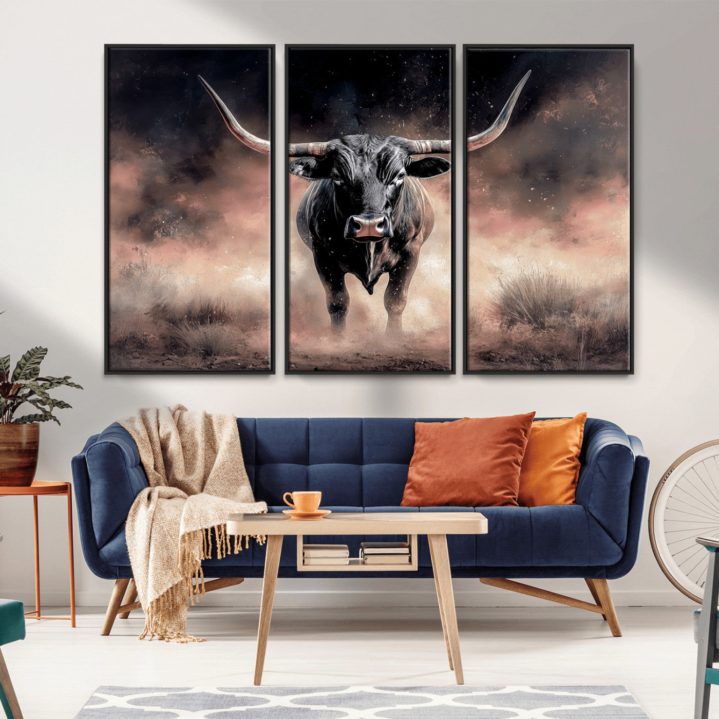 71457818-MGV-CV-36X24-Longhorn Wall Art Wall Art Canvas Print, Framed Western Bull Canvas Art Picture Print, Rustic Cow Decor Perfect Western Dramatic