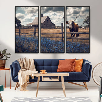 51092814-MGV-CV-36X24-Texas Longhorn Wall Art Wall Art Canvas Print, Framed Rustic Barn Canvas Art Picture Print, Farmhouse Cow Decor Perfect Rustic