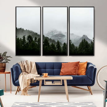 55968349-MGV-CV-36X24-Misty Mountains Wall Art Canvas Print, Framed Foggy Forest Art Picture Print, Snowy Peaks Perfect Moody Wilderness Decor Artwork