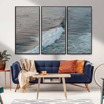 23077324-MGV-FC-48X32-3P_Black-Ocean Waves Wall Art Canvas Print, Framed Coastal Serenity Art Picture Print, Surf Aesthetic Perfect Modern Coastal Decor Artwork