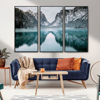 73098373-MGV-CV-36X24-Mountain Lake Wall Art Canvas Print, Framed Winter Wonderland Art Picture Print, Snowy Peaks Perfect Modern Nature Decor Artwork