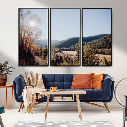 52941305-MGV-CV-36X24-Rustic Landscape Wall Art Canvas Print, Framed Serene Valley Art Picture Print, Pine Tree Horizon Perfect Rustic Cabin Decor