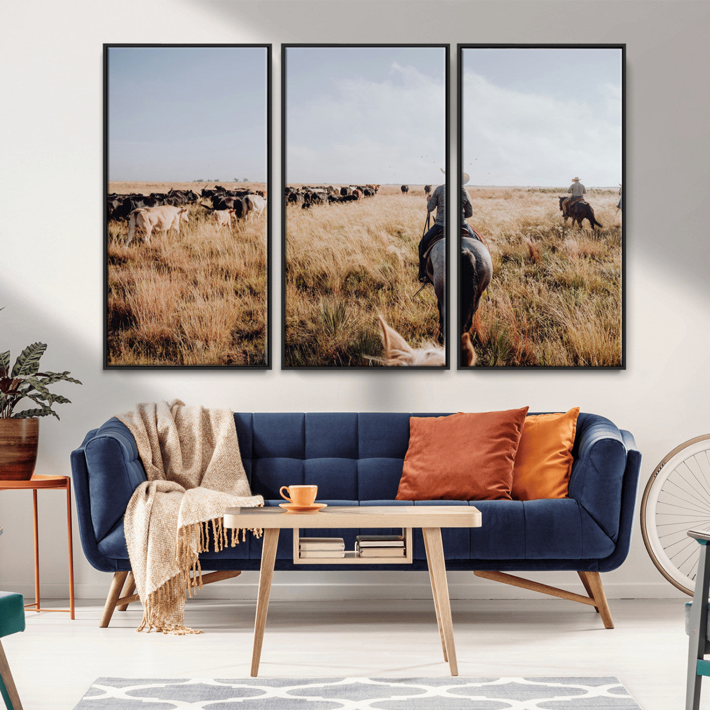 22431577-MGV-CV-36X24-Western Wall Art Wall Art Canvas Print, Framed Cowboy Canvas Art Picture Print, Cattle Drive Scene Perfect Rustic Western Decor