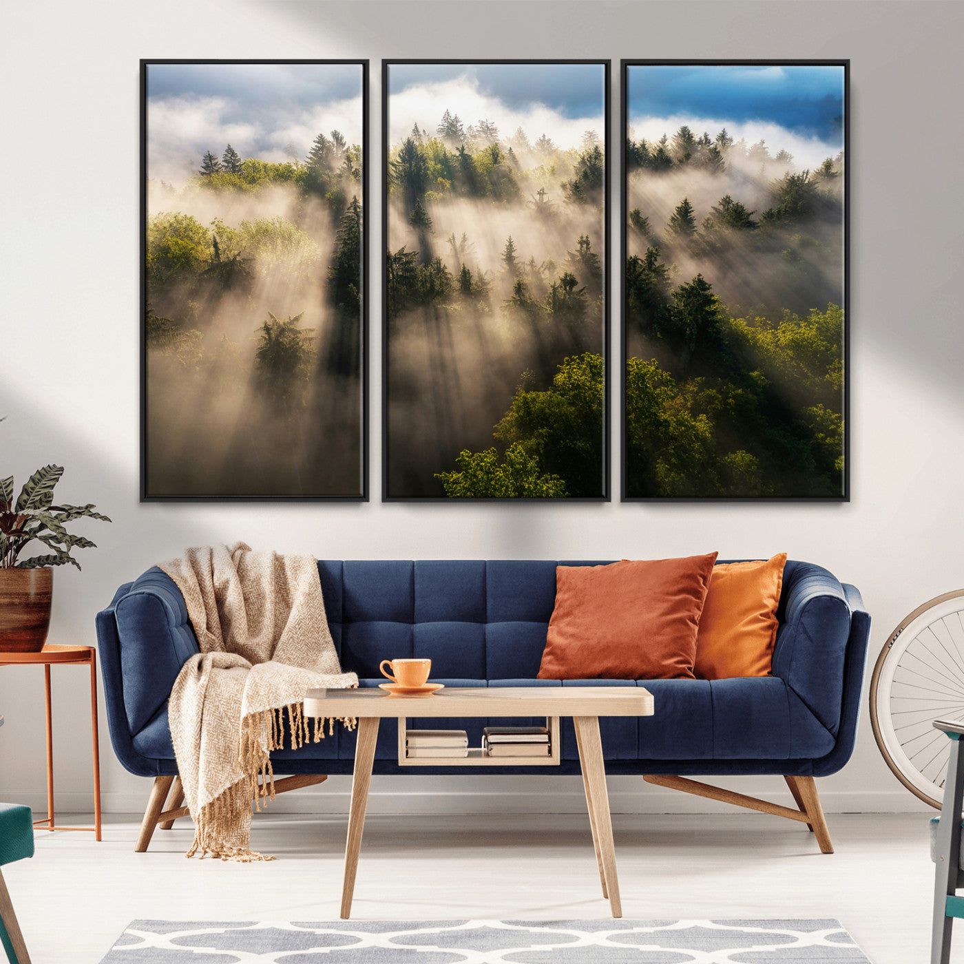 14785710-MGV-CV-36X24-Tranquil Forest Scene Wall Art Canvas Print, Framed Sunbeam Through Trees Art Picture Print, Moody Green Wall Art Perfect