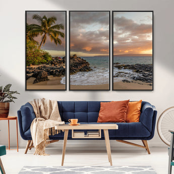 55108220-MGV-CV-36X24-Tropical Beach Wall Art Canvas Print, Framed Hawaiian Sunset Art Picture Print, Ocean Waves Perfect Coastal Tropical Decor Artwork