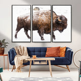 94261165-MGV-CV-36X24-Snowy Buffalo Wall Art Canvas Print, Framed Wildlife Photography Art Picture Print, Brown Tones Perfect Rustic Lodge Decor Decor