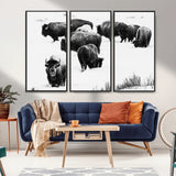 18914414-MGV-CV-36X24-Buffalo Herd Wall Art Canvas Print, Framed Black and White Art Picture Print, Snowy Landscape Perfect Rustic Lodge Decor Decor