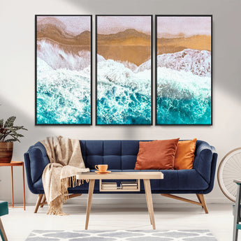 26870666-MGV-CV-36X24-Aerial Beach Wall Art Canvas Print, Framed Ocean Waves Art Picture Print, Coastal Landscape Perfect Coastal Minimalist Decor