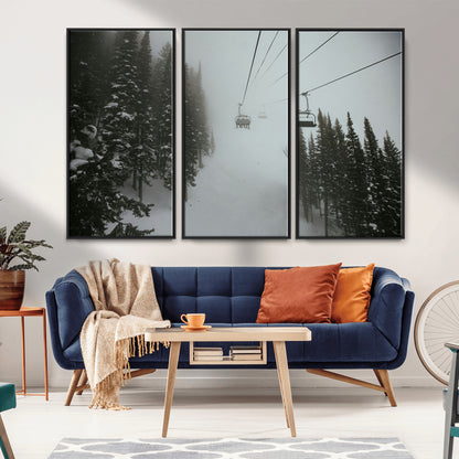 87018452-MGV-CV-36X24-Ski Lift Wall Art Canvas Print, Framed Snowy Pines Art Picture Print, Misty Landscape Perfect Winter Serenity Decor Artwork