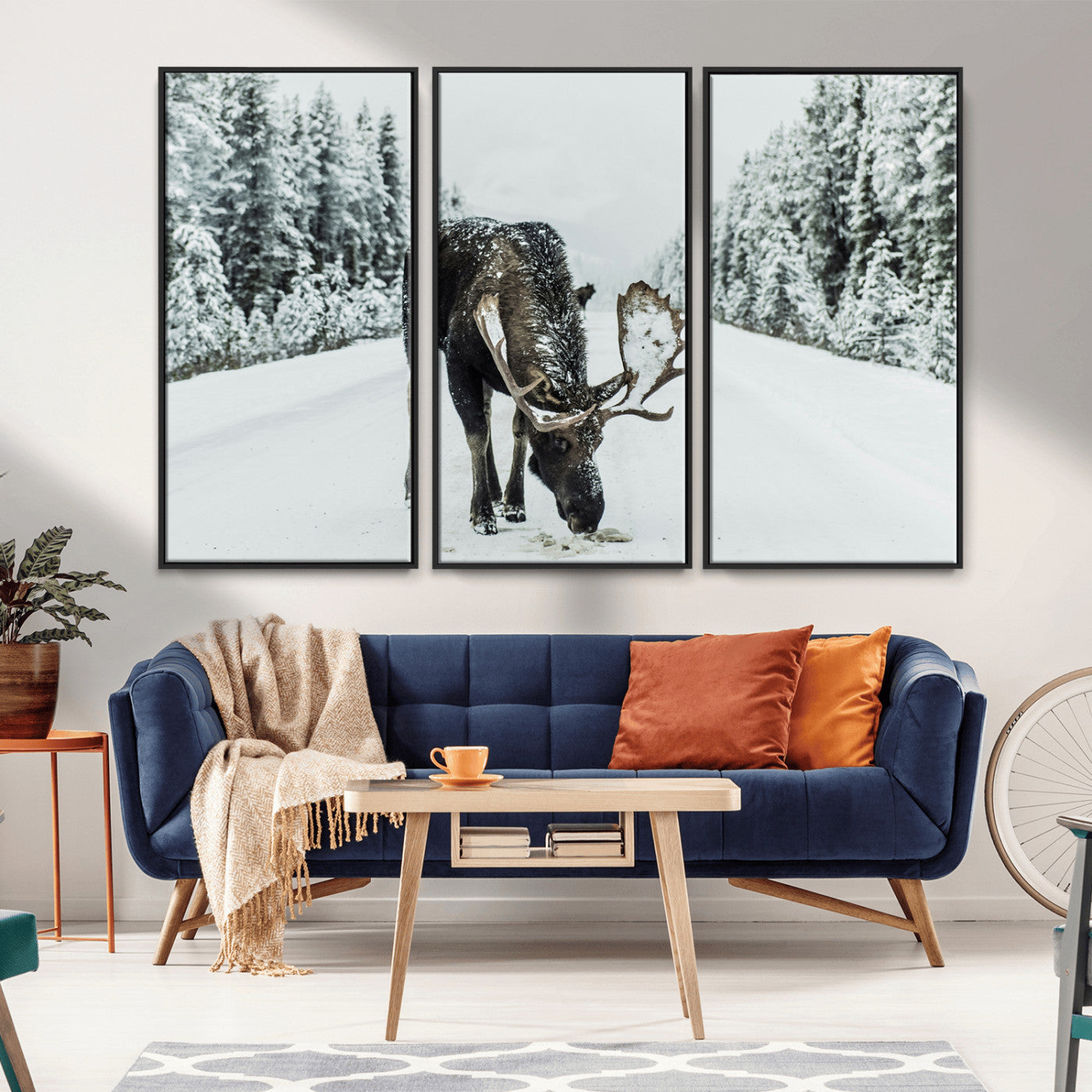 13316292-MGV-CV-36X24-Moose in Snow Wall Art Canvas Print, Framed Winter Wildlife Art Picture Print, Snowy Forest Scene Perfect Rustic Lodge Decor