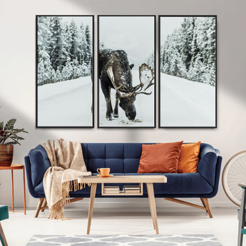 13316292-MGV-CV-36X24-Moose in Snow Wall Art Canvas Print, Framed Winter Wildlife Art Picture Print, Snowy Forest Scene Perfect Rustic Lodge Decor