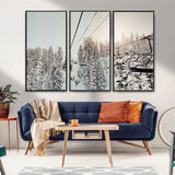91534512-MGV-CV-36X24-Frosty Pines Wall Art Canvas Print, Framed Cozy Cabin View Art Picture Print, Ski Lift Ride Perfect Rustic Lodge Decor Artwork