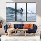 11693607-MGV-CV-36X24-Surfer on Wave Wall Art Canvas Print, Framed Ocean Adventure Art Picture Print, Motion Blur Water Perfect Coastal Adventure Decor