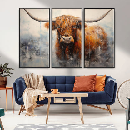 X61001-MGV-CV-36X24-Scottish Highland Wall Art Canvas Print, Framed Longhorn Art Picture Print, Western Cow Perfect Farmhouse Decor Artwork