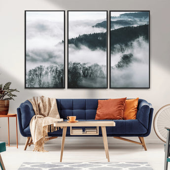 67569654-MGV-CV-36X24-Foggy Forest Wall Art – Mist Covered Hills and Trees Landscape Canvas Print, Moody Nature Photography Decor for Living Room,