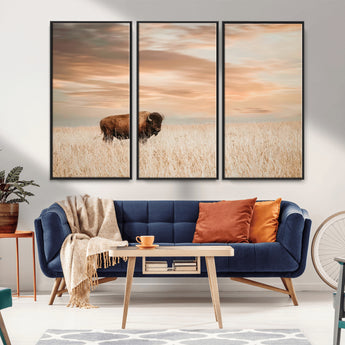 20306324-MGV-CV-36X24-Bison Wall Art – Lone American Buffalo Prairie Sunset Canvas Print, Rustic Western Wildlife Photography Decor for Living Room,