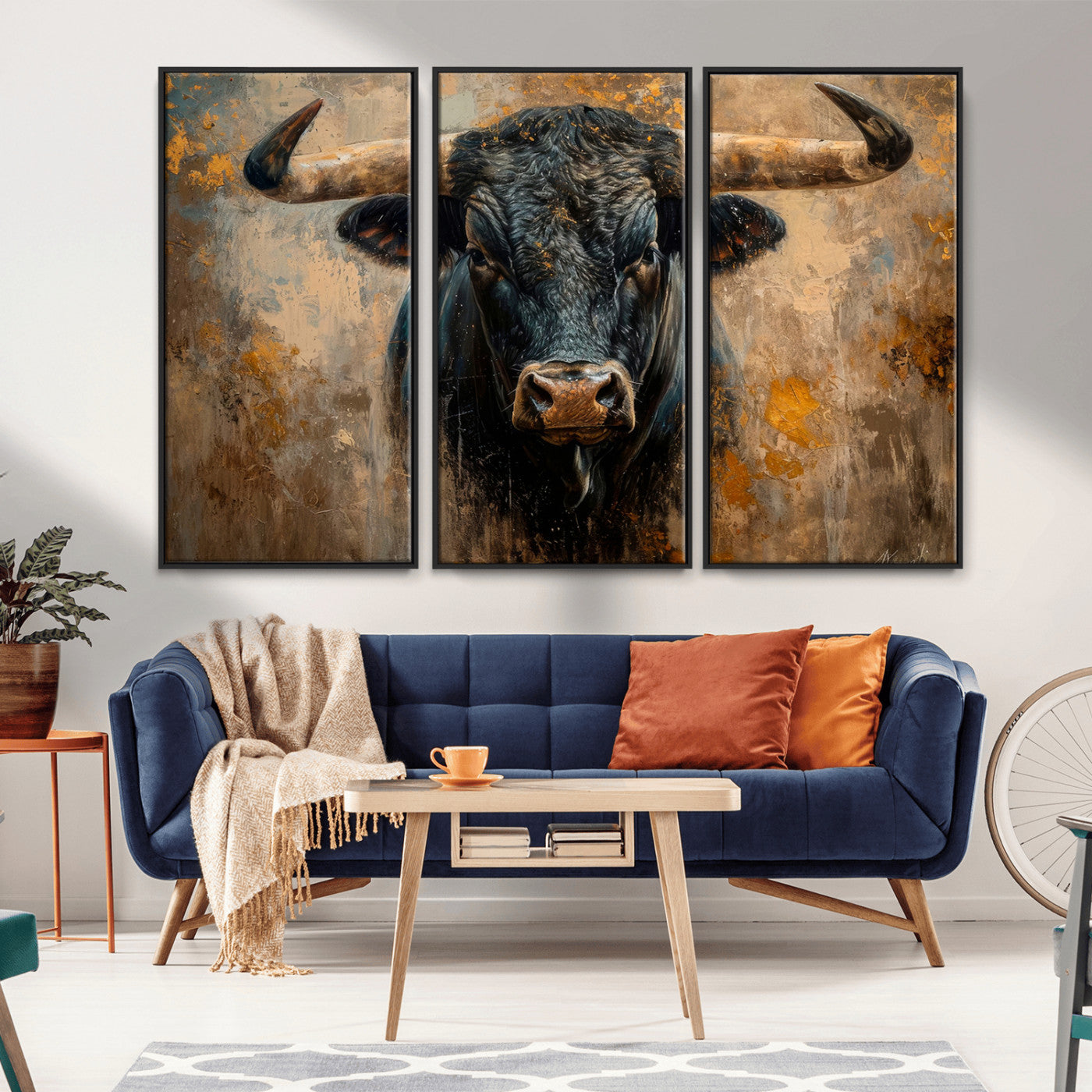 91615410-MGV-CV-36X24-Bull Wall Art – Rustic Western Longhorn Canvas Print, Powerful Abstract Animal Painting, Farmhouse Ranch Decor for Living Room,