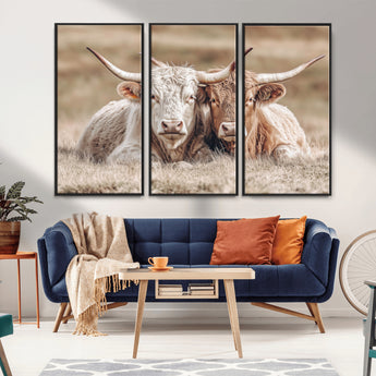 38651722-MGV-CV-36X24-Cow Wall Art – Rustic Longhorn Pair Canvas Print, Western Farmhouse Animal Painting, Country Ranch Decor for Living Room, Bedroom,